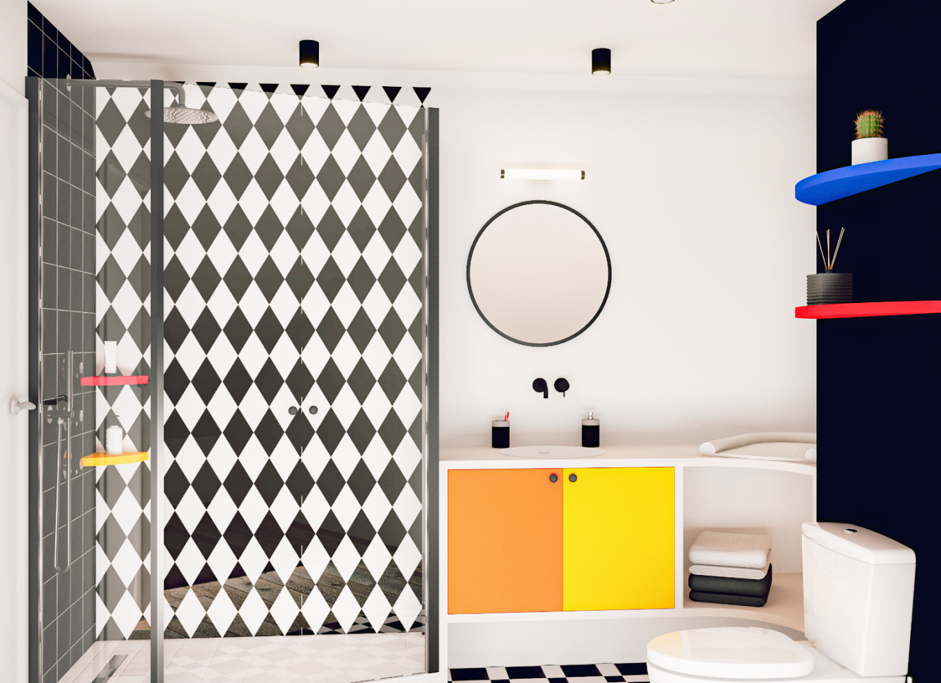 Projet Malraux : salle de douche Salle de bain moderne avec douche, miroir rond et meuble aux couleurs vives.