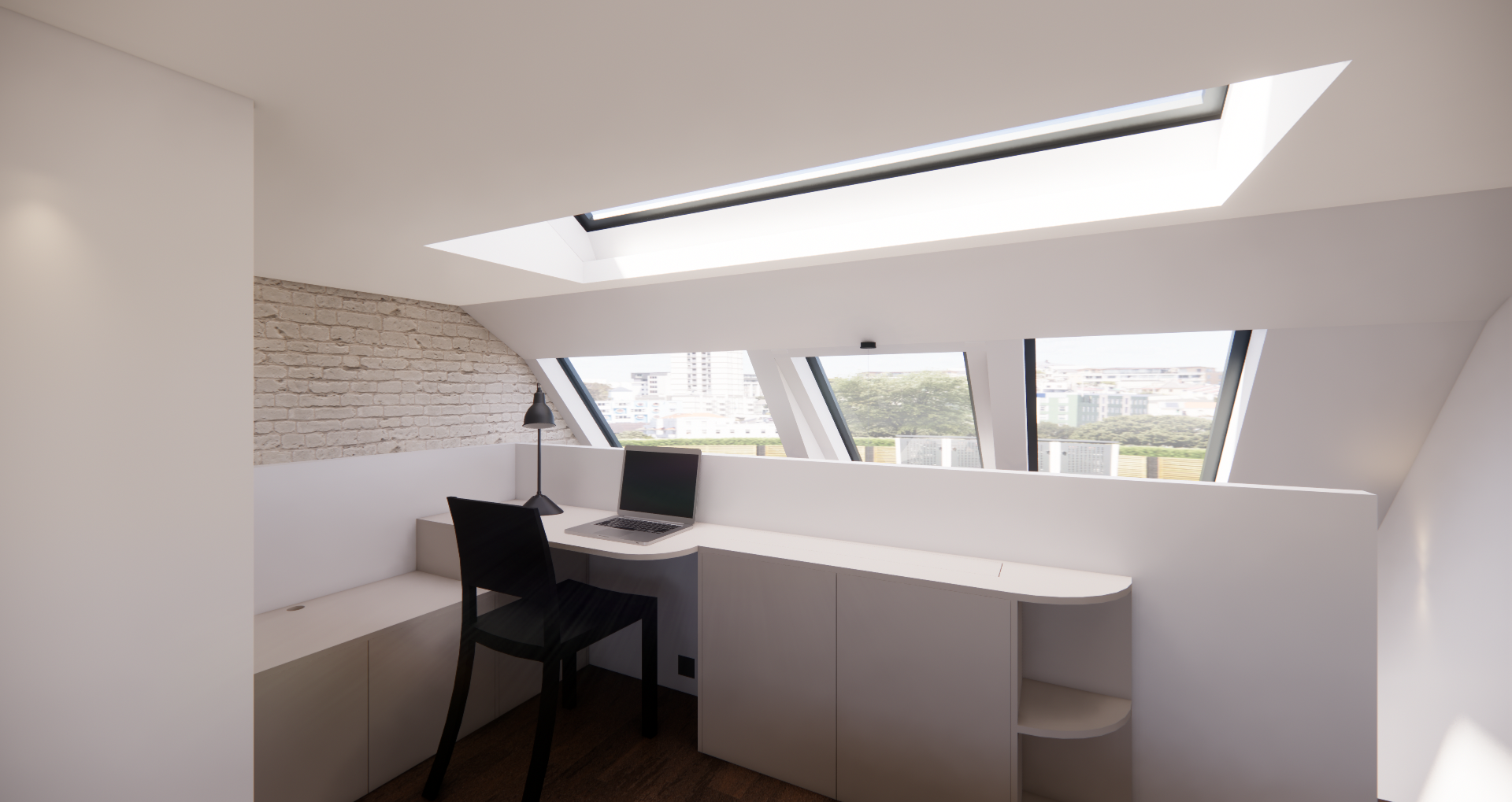 Cuisine moderne avec un homme assis à une table en demi-lune sur mesure, murs orange et décor minimaliste.