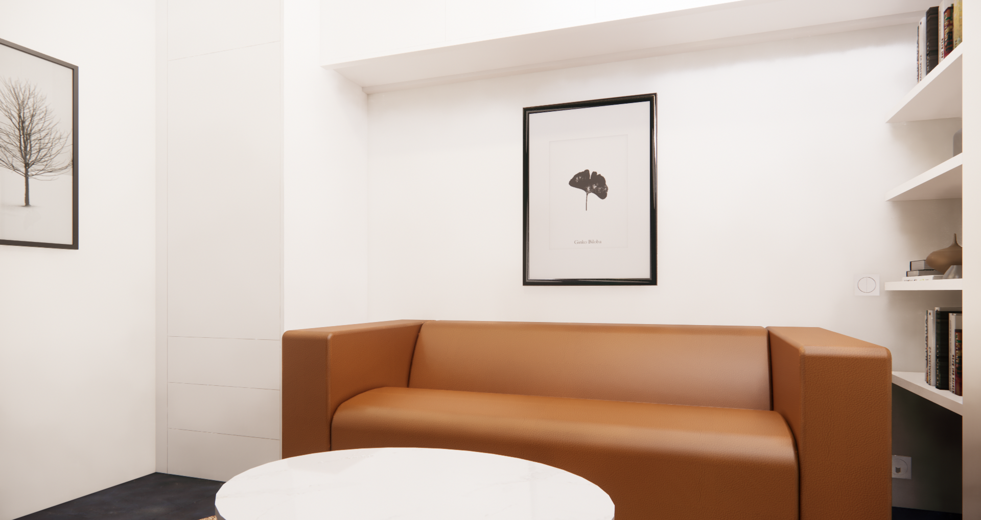 Bibliothèque blanche avec niche pour canapé lit en cuir cognac. Sol bleu nuit. Etagères sur mesure.