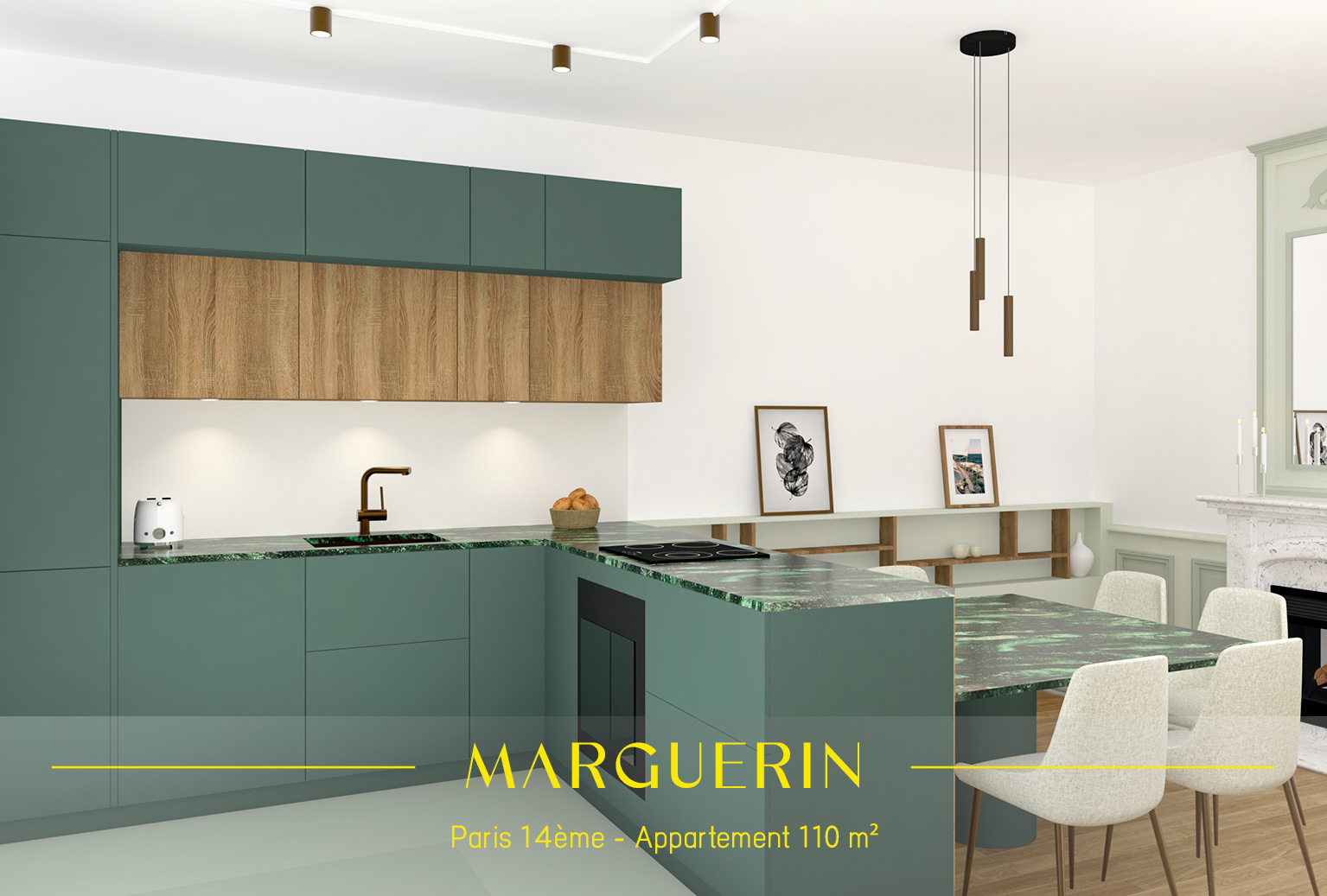 Cuisine moderne avec des meubles verts et en bois, table en verre et chaises blanches.