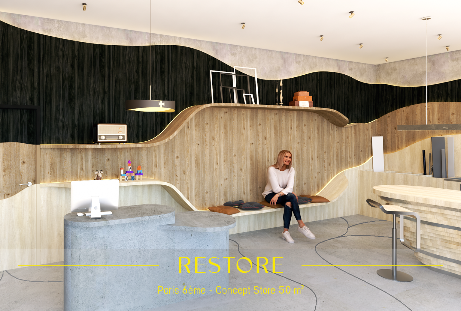 Intérieur moderne d'un espace de restauration avec un comptoir et un banc incurvé.