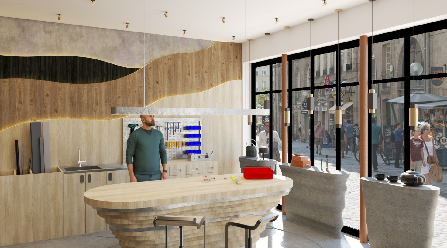 Projet Malraux : chambre parentale Chambre moderne avec lit, étagères et homme debout près de la fenêtre inclinée.