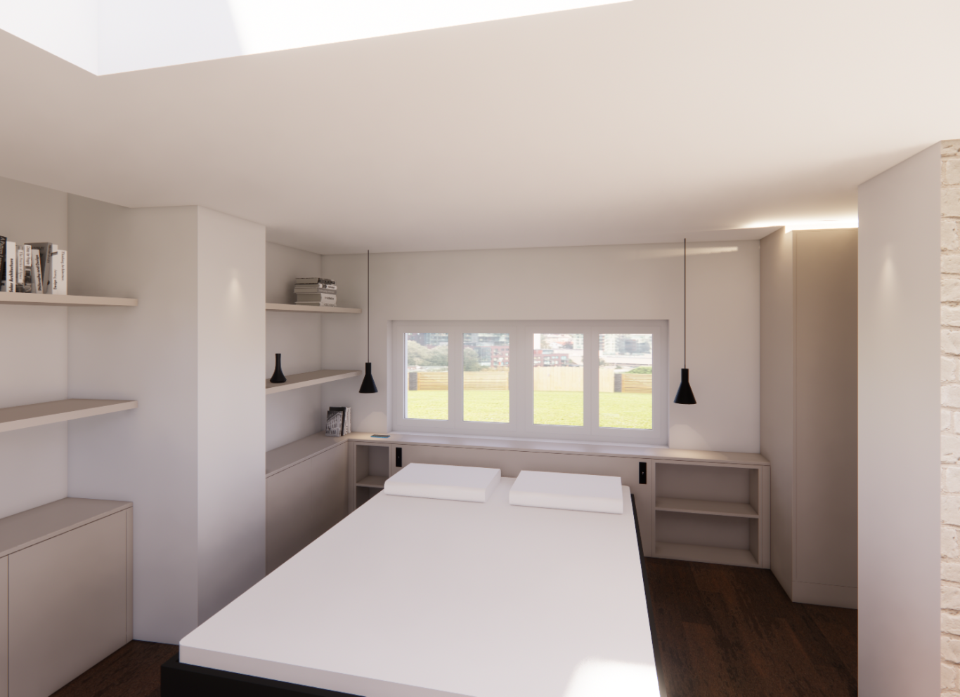 Salle de séjour moderne, famille avec enfants, vue sur la ville, décor coloré et lumineux.