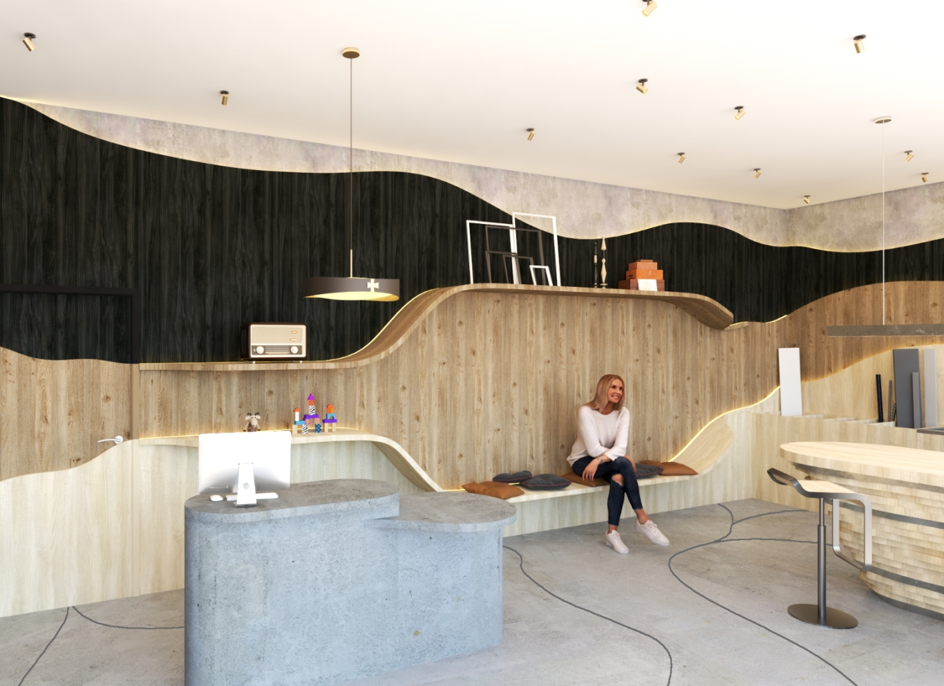 Projet Malraux : salle de douche Salle de bain moderne avec douche, miroir rond et meuble aux couleurs vives.