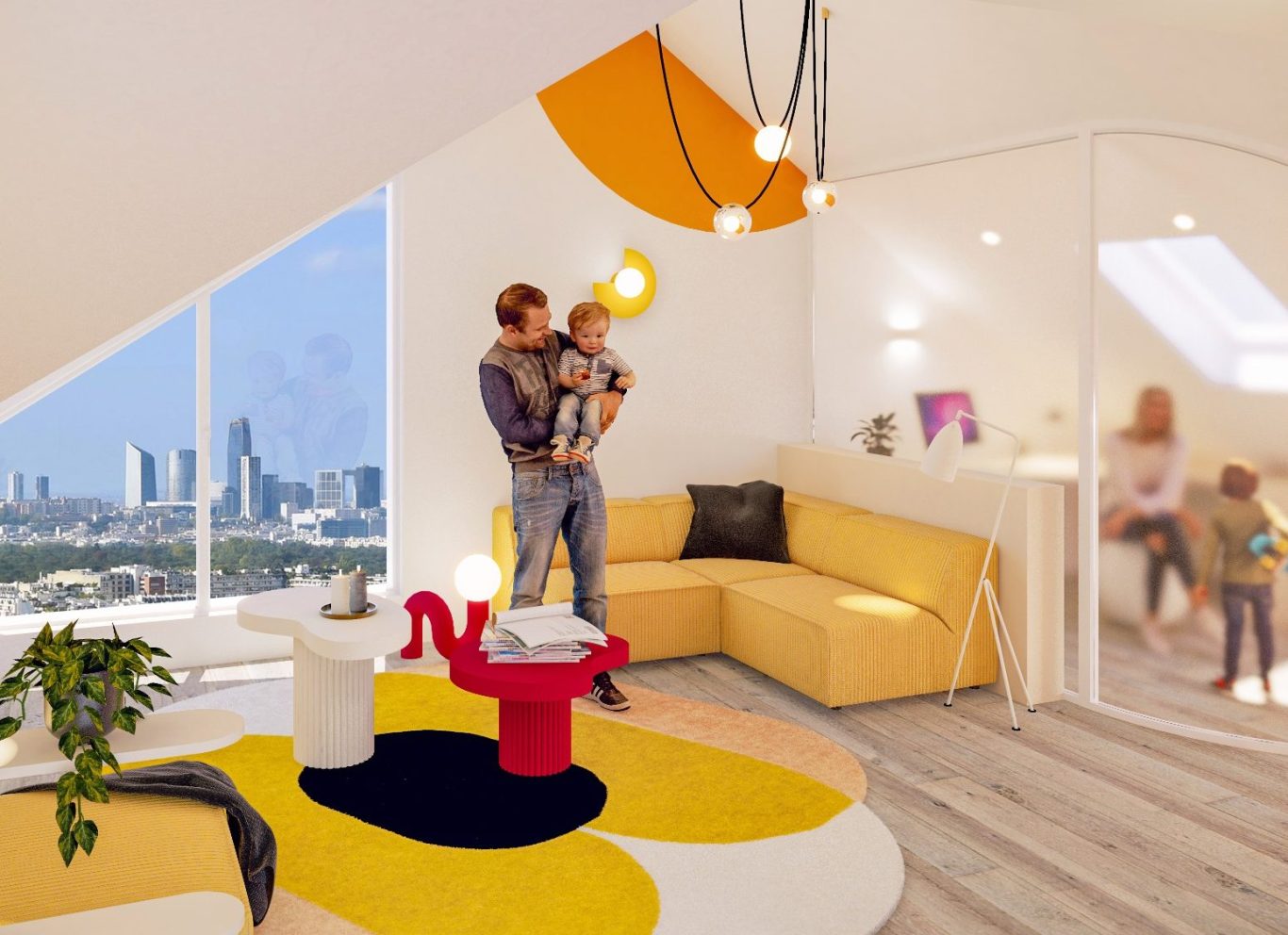 Projet Malraux : le séjour pop et coloré Salle de séjour moderne, famille avec enfants, vue sur la ville, décor coloré et lumineux.