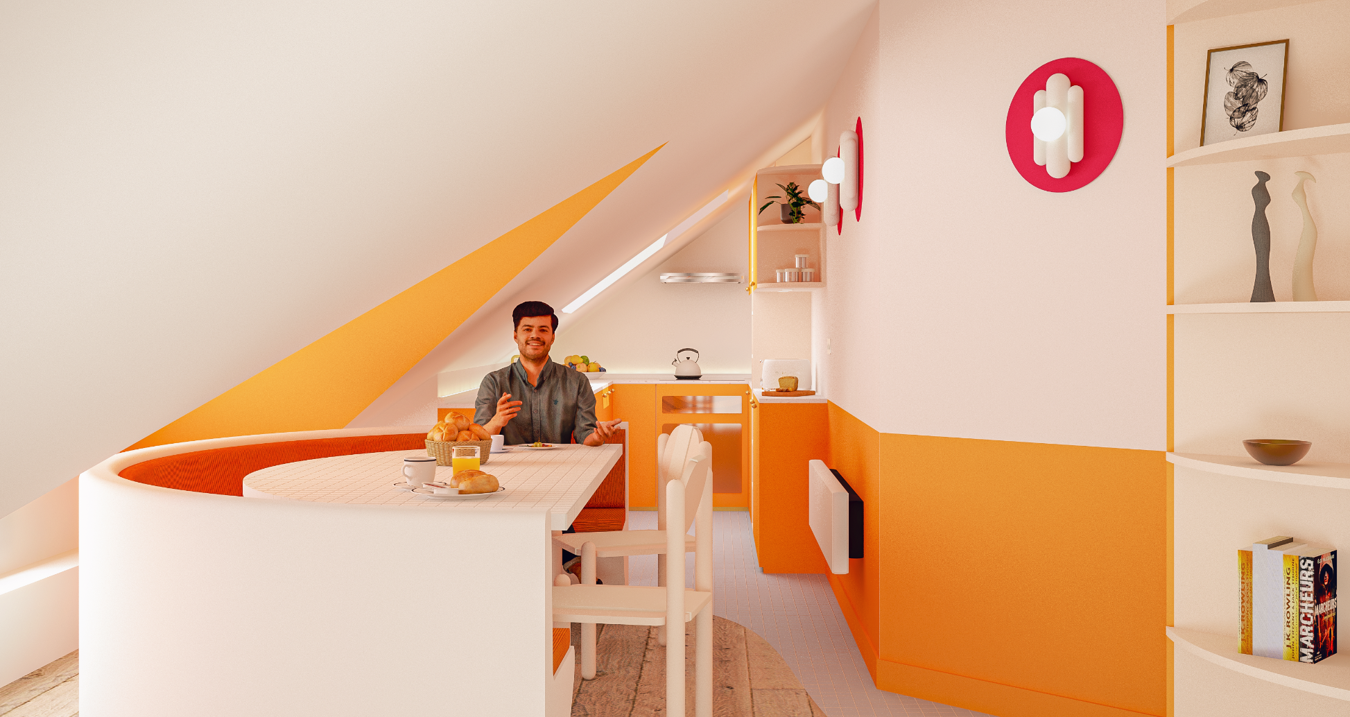 Projet Malraux : cuisine & coin repas Cuisine moderne avec un homme assis à une table en demi-lune sur mesure, murs orange et décor minimaliste.