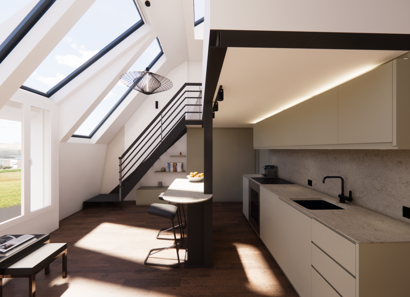 Salle de séjour moderne, famille avec enfants, vue sur la ville, décor coloré et lumineux.