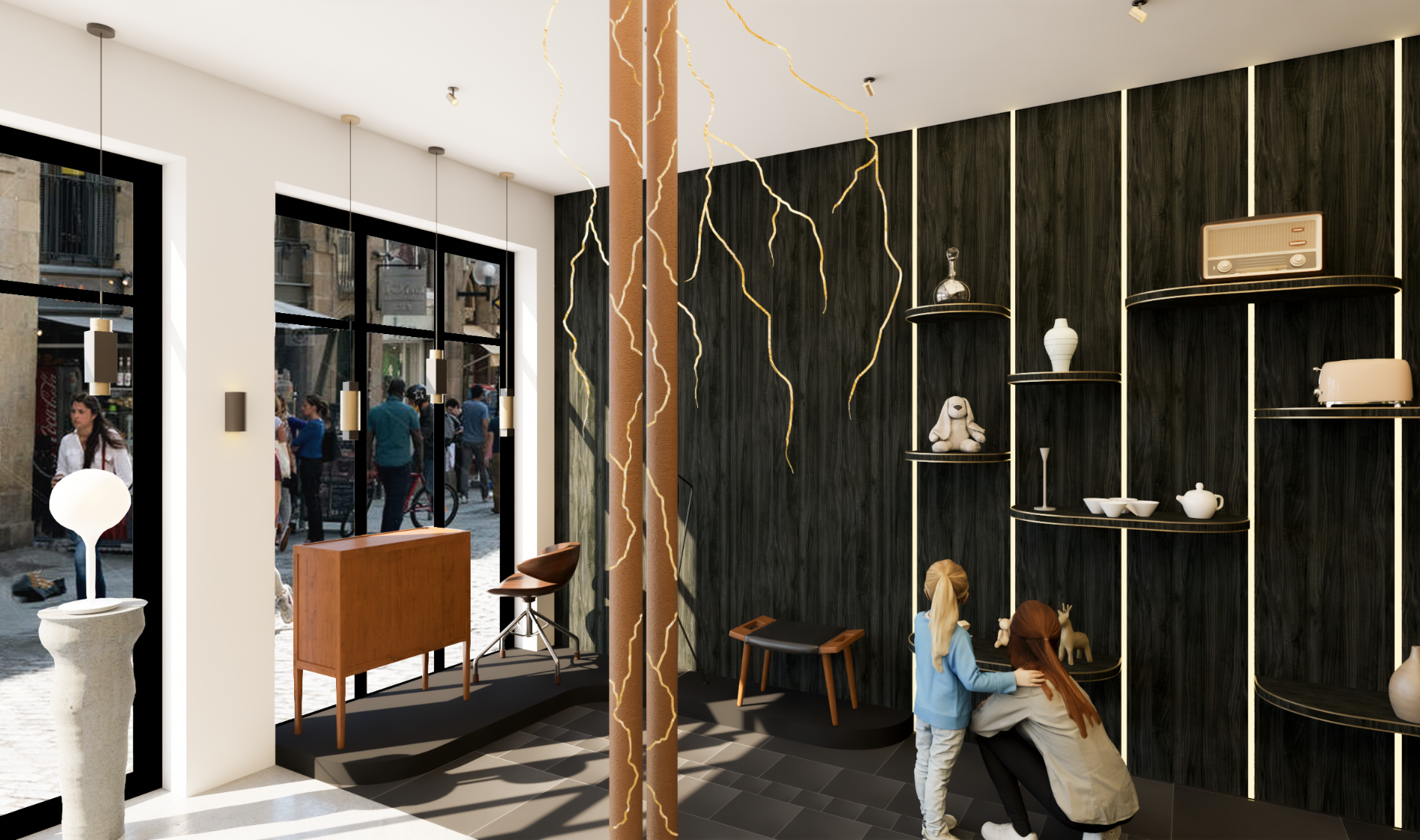 Projet Malraux : chambre du bébé Chambre d'enfant moderne avec lit et étagères aux formes organiques et coin lecture agréable.