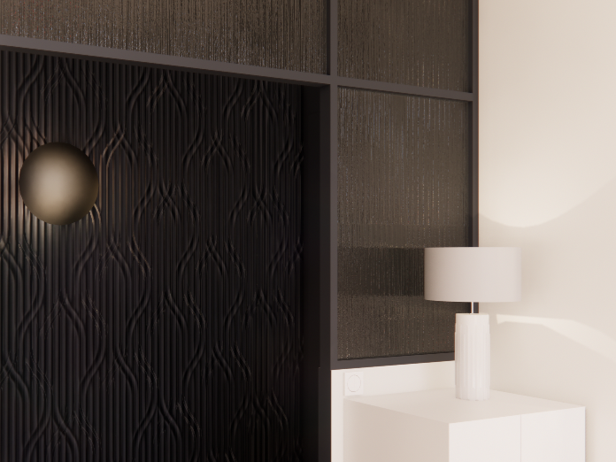 Une entrée color-block bleu nuit avec panneau 3D sur le mur et applique lumineuse.
