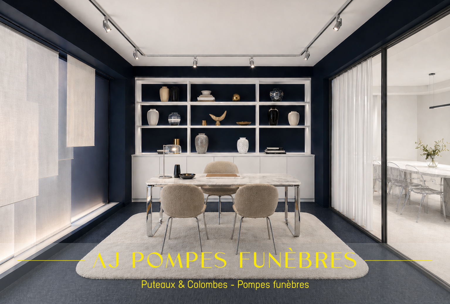 Projet AJ Pompes Funèbres Bureau d'accueil dans une agence commerciale. Salle de réunion derrière une paroi vitrée