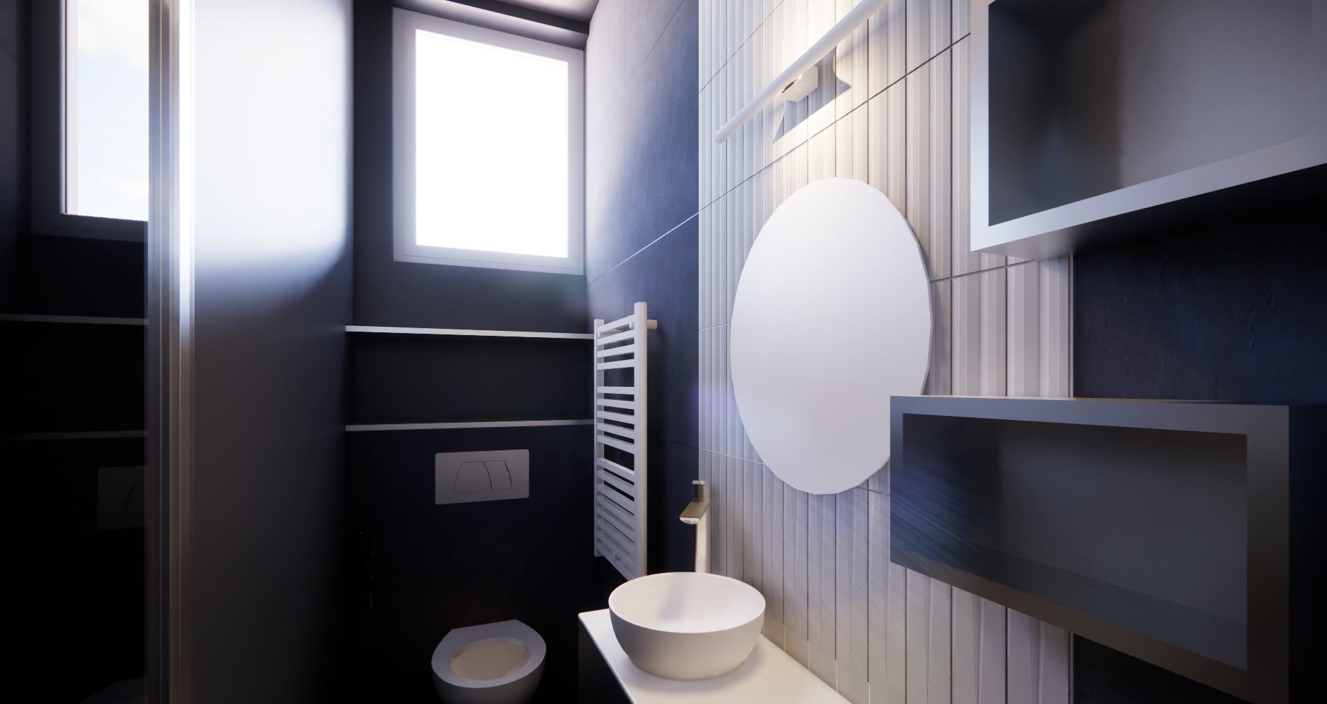 Salle de douche color block bleu nuit avec panneau mural en relief blanc derrière le meuble vasque