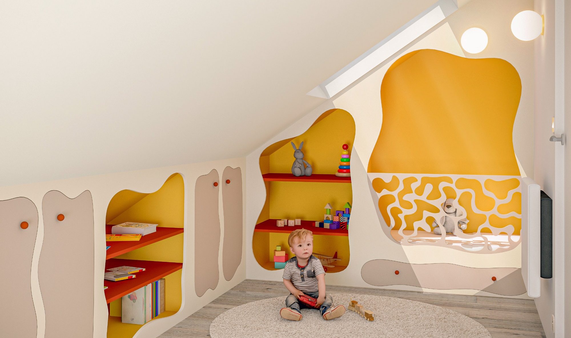 Projet Malraux : chambre du bébé Chambre d'enfant moderne avec lit et étagères aux formes organiques et coin lecture agréable.