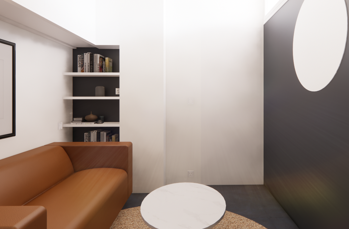Salle de repos avec bibliothèque, étagères, canapé et table basse. Sol, mur au dos des étagères et mur de coté bleu nuit. 