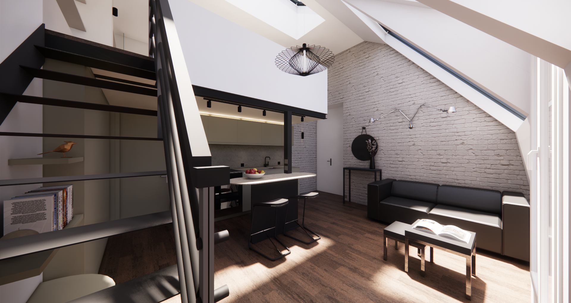 Cuisine moderne avec un homme assis à une table en demi-lune sur mesure, murs orange et décor minimaliste.