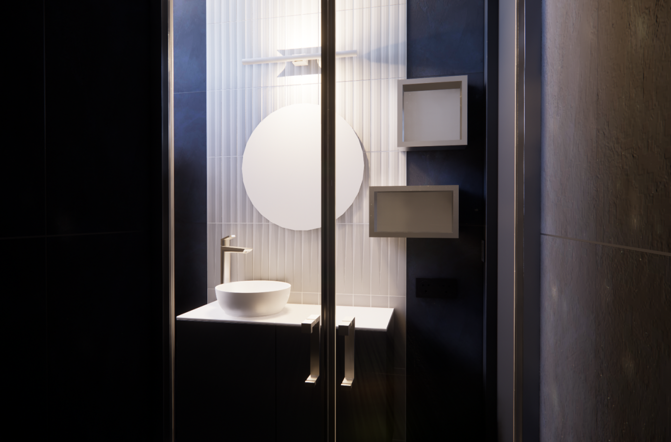 Salle de douche avec meuble vasque bleu et plan vasque blanc. Carrelage mural bleu avec carrelage à relief blanc au dos du meuble vasque