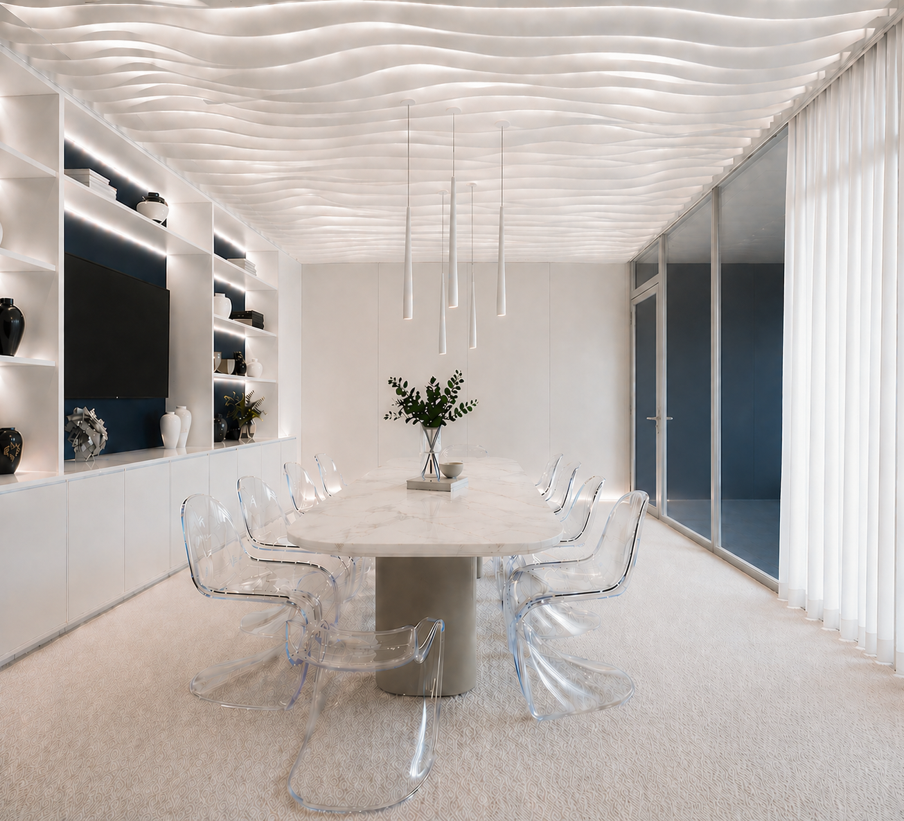 Projet AJ Pompes Funèbres : salle de réunion Salle de réunion avec ambiance apaisante, matières douces, lumière
