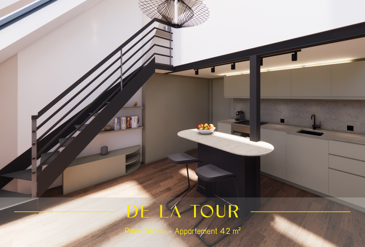 Intérieur moderne d'une cuisine avec un bar, escalier en colimaçon et éclairage naturel.